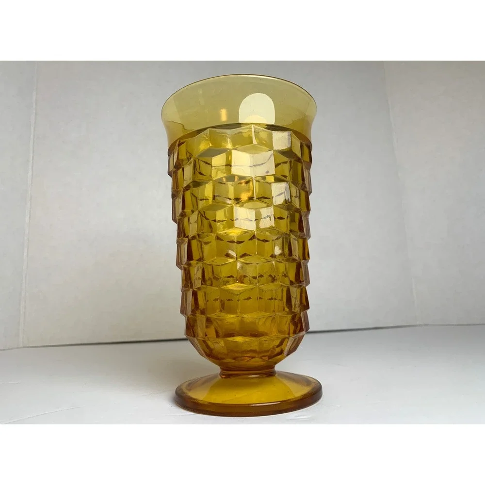 Vintage 70s Amber‎ Glass Footed Tumbler Geometric Cube Pattern Mid Century Retro